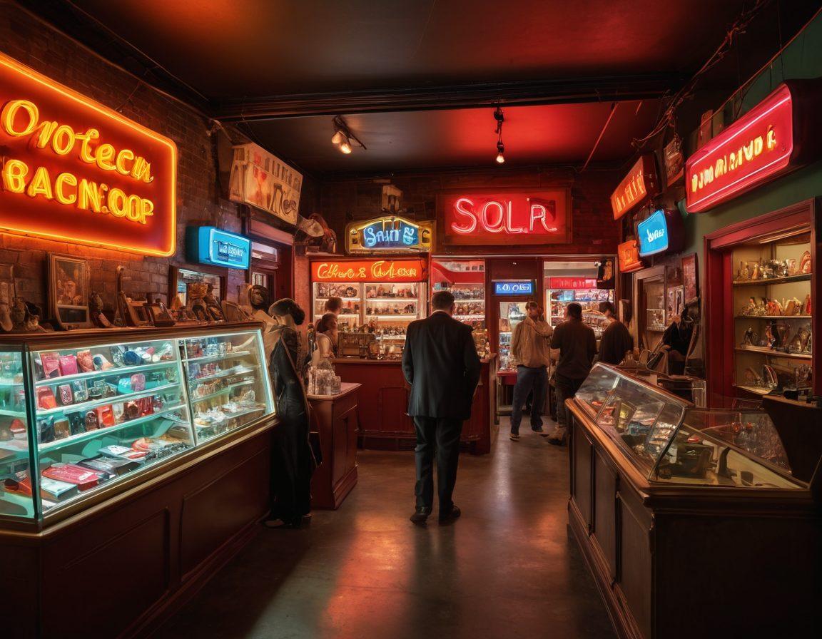 A bustling pawn shop interior showcasing adult industry paraphernalia like costumes, props, and unique collectibles, with a diverse group of entrepreneurs engaging in lively discussions. An assortment of bright neon signs illuminating the shop, creating an inviting atmosphere. Vibrant colors highlighting the eclectic mix of items, and a friendly pawnbroker helping customers in the background. The setting exudes a sense of community and opportunity. super-realistic. vibrant colors. 3D.