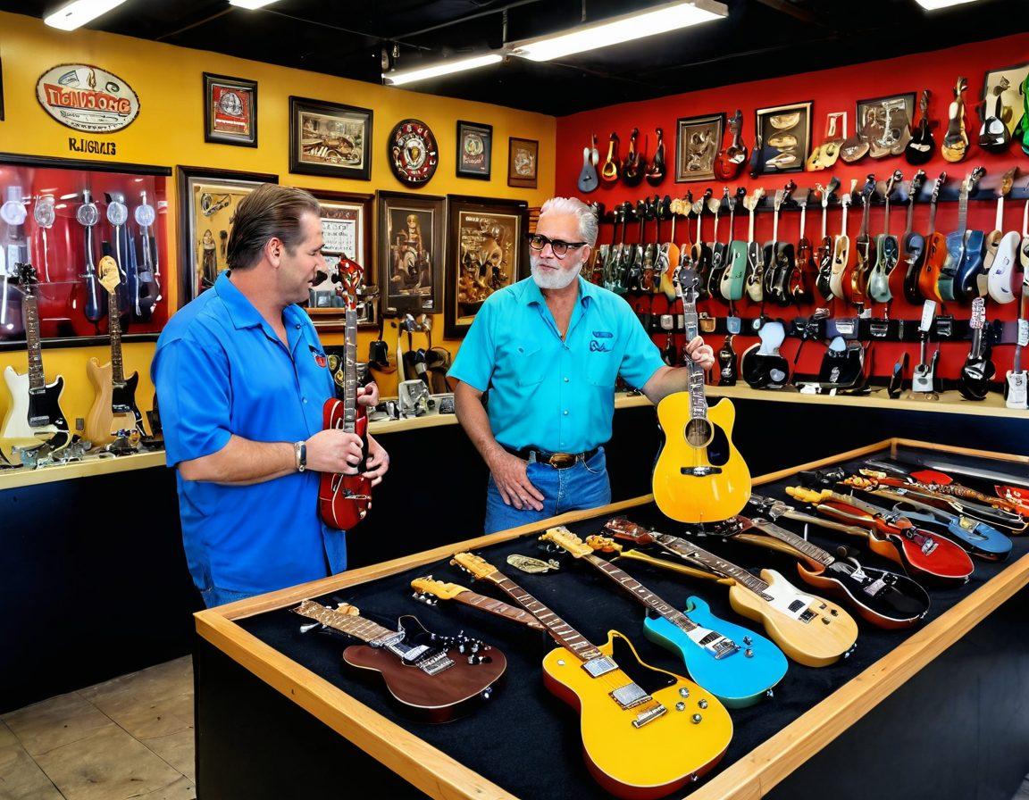 A dynamic scene showing a modern pawn shop interior, with vibrant displays of unique items like vintage guitars, jewelry, and collectibles. In the foreground, an adult industry professional discussing financing options with a friendly pawn shop staff member, symbolizing trust and transparency. The background features colorful signage promoting various services available at the shop, including quick loans. Playful lighting enhances a welcoming atmosphere. super-realistic. vibrant colors. 3D.