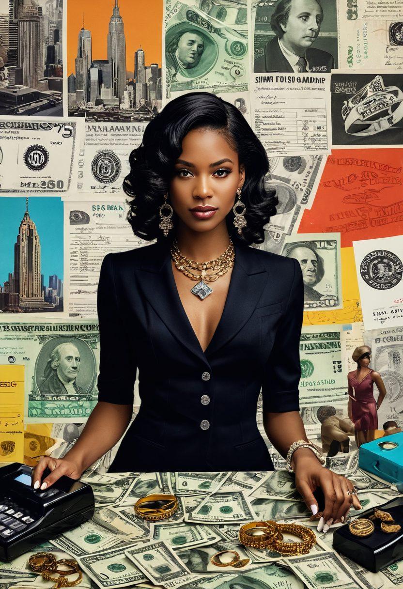 A bold and modern collage featuring various pawn shop items like adult toys and jewelry, intertwined with symbols of financial transactions such as money and collateral documents. The backdrop showcases a stylish cityscape representing the evolving pawning industry. Include subtle hints of escort services with elegant silhouettes. The overall tone should blend professionalism with a hint of playfulness. vibrant colors. super-realistic.